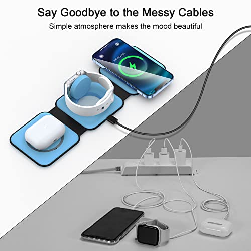 3 in 1 Wireless Charging Station for Apple,Foldable Magnetic Travel Charger - color: ice blue