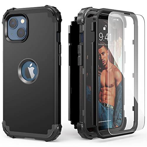 IDweel for iPhone 15 Case with Tempered Glass Screen Protector, 3 in 1 Shockproof Slim Hybrid Heavy Duty Hard PC Cover Soft Silicone Bumper Full Body Case,Black - color: Black