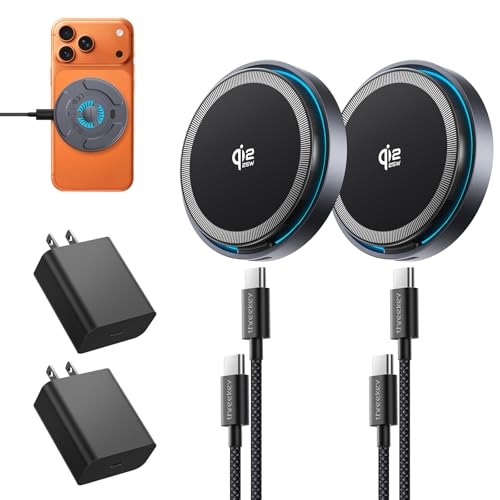 THREEKEY Qi2.2 25W Magnetic Wireless Charger with Cooling Fan | Fast Charging Pad for iPhone 17/16/15/14/13/12 Pro Max and AirPods, 6.6 ft Cables, 35W Adapters Included for Desk(2Pack)