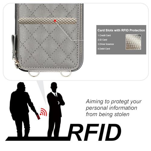 Bocasal Crossbody Wallet Case Card Holder for iPhone 17 Pro Max Grey | RFID Blocking PU Leather Zipper Handbag Purse, Kickstand Flip Folio Case with Card Slots Holder Wrist Strap Lanyard 6.9 Inch - color: Gray