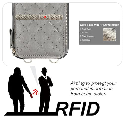 Bocasal Crossbody Wallet Case Card Holder for iPhone 17 Pro Max Grey | RFID Blocking PU Leather Zipper Handbag Purse, Kickstand Flip Folio Case with Card Slots Holder Wrist Strap Lanyard 6.9 Inch - color: Gray