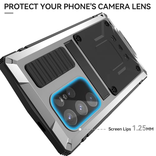 Simicoo Compatible with Samsung Galaxy S24 Ultra Metal Bumper Heavy Duty Case with Stand Gorilla Glass Camera Cover Hybrid Durable Military Rugged Shockproof Rugged Full Body Men(Silver) - color: Silver, size: Samsung S24 Ultra