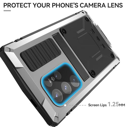 Simicoo Compatible with Samsung Galaxy S24 Ultra Metal Bumper Heavy Duty Case with Stand Gorilla Glass Camera Cover Hybrid Durable Military Rugged Shockproof Rugged Full Body Men(Silver) - color: Silver, size: Samsung S24 Ultra