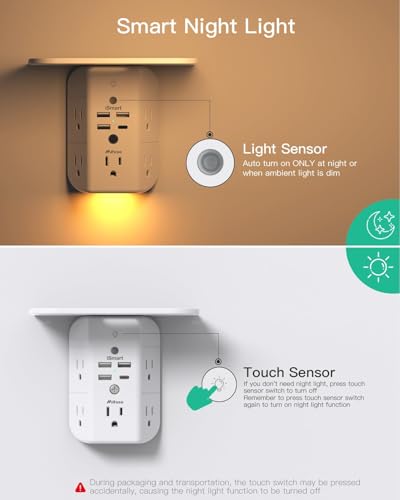 Mifaso Outlet Extender with Shelf and Night Light, 1800J Surge Protector - color: White, size: 1C3A