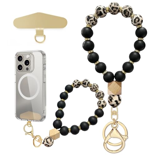 Silicone Beaded Phone Wrist Strap, Phone Bracelet Strap with Tether Tab Elastic Hands Free Wristlet Strap - color: Leopard Print B