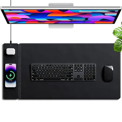 Wireless Charging Desk Pad, Large Non-Slip Reversible Felt & Vegan PU Leather Desk Mat, Waterproof, Detachable Magnetic Panel - Organize, Charge 2 Devices, Apple & Android Compatible - Black