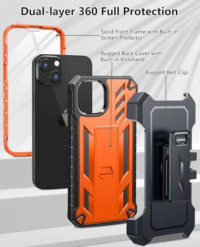 for iPhone 13/14/15 Phone Case: for iPhone 16e Protective Cover with Belt Clip Holster | Durable Dual-Layer Design with Built-in Kickstand | Heavy Duty Military Grade Hard Protection Shock Proof | Built-in Screen Protector, 20FT Military-Grade Drop Shockp