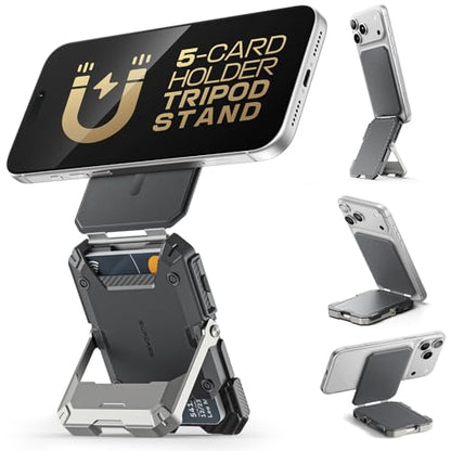 SUPCASE for MagSafe Wallet with Adjustable Stand, Hold 5 Cards, Silver | RFID Blocking, Strong Magnetic Lock, Magnetic Wallet for Men, Phone Card Holder Tripod for iPhone 17/16/15/14/13/12 Series - color: Silver