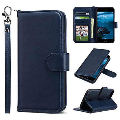 ULAK for iPhone SE 3(2022)/SE(2020)/8/7 Wallet Case Card Holder, Blue | Premium PU Leather Flip Case with Kickstand Card Slots,RFID Blocking,Wrist Strap, Durable Shockproof Cover 4.7 Inch - color: Blue