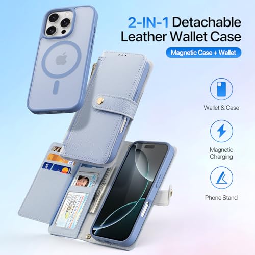 for iPhone 16 Pro Case Wallet, Detachable Magnetic Wallet Case | Compatible with Magsafe, RFID Blocking, Zipper Card Holder, PU Leather Flip Folio Case, Strap Wallet Case, Phone Kickstand - color: Blue, size: iPhone 16 Pro
