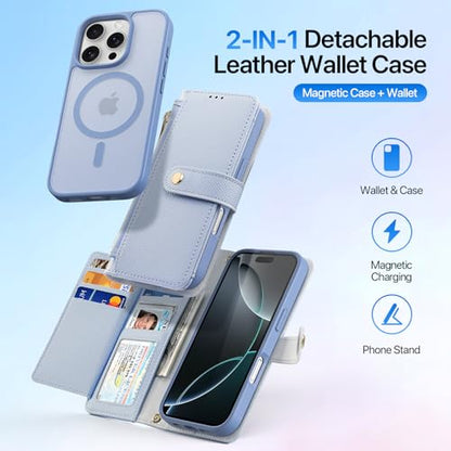 for iPhone 16 Pro Case Wallet, Detachable Magnetic Wallet Case | Compatible with Magsafe, RFID Blocking, Zipper Card Holder, PU Leather Flip Folio Case, Strap Wallet Case, Phone Kickstand - color: Blue, size: iPhone 16 Pro