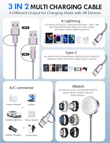 2Pack Travel Essentials for Apple Watch Charger,3-in-2 Multi Charging Cable - color: Gray, size: 2Pack-5 FT