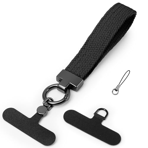 Elastic Phone Lanyard with Phone Tabs, Stretchy Braided Cellphone Wrist Strap and Keys Keychain - color: Normal Black