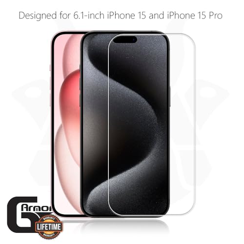 2 Pack Glass Screen Protector for iPhone 15 and 15 Pro | 9H Premium Tempered Glass, Lifetime Replacement, Ultra Clear, Scratch Resistant, Phone Case Compatible, Screen Saver - size: iPhone 15, 15 Pro