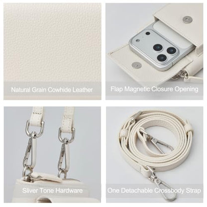 DORIS&JACKY Small Leather Crossbody Purse and Cell Phone Wallet for Women | RFID Blocking Shoulder Bag with Front Phone Pocket, Come with Long Detachable Strap and 12 Credit Card Slots - color: 2-off White