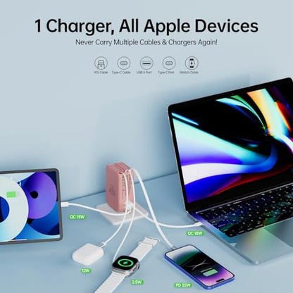 Retractable Apple Watch Charger, 5 in 1 Wall Charger with 3 Retractable Cables for Older iPhones & USB-C Devices, 35W Foldable Charger Block for iPhone 17/16/15/14, iPad, AirPods (Pink) - color: Pink
