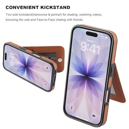 KIHUWEY for iPhone 17 Wallet Case Card Holder Kickstand, Lichee Light Brown | Credit Card Slots, PU Leather, Magnetic Clasp, Flip Heavy Duty Protection Cover for Men and Women - color: Lichee Light Brown