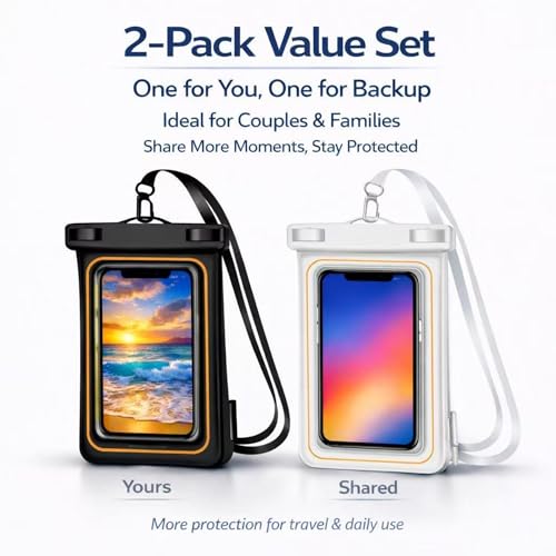 2-Pack IPX8 Floating Waterproof Phone Pouch, Dry Bag with Lanyard, Fits up to 7.2”, Compatible with iPhone 16/15/14/13 Pro Max, Galaxy S25/S24 Ultra, Pixel for Snorkeling, Kayaking(Black-White) - color: Black/White