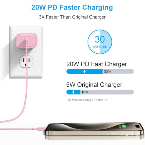 iPhone 17 16 15 Charger Fast Charging 10FT - 20W USB C Charger Block - color: Pink, size: 10FT