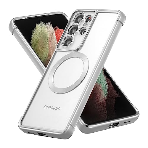 RALEAVO Magnetic Case for Samsung Galaxy S21 Ultra Clear Case Cover [Compatible with Magsafe & Military Grade Drop Protection] Transparent Shockproof Slim Plated Phone Case - Silver - color: Silver, size: S21 Ultra