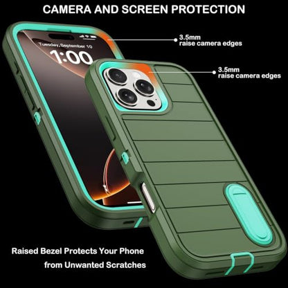 for iPhone 16 Pro Case with Screen Protector,Built-in Invisible Kickstand,Heavy Duty Shockproof Drop Protection Military Grade Tri-Layer Rugged Durable Cell Phone Cover for Apple 16 Pro 6.3"(Green) - color: Green