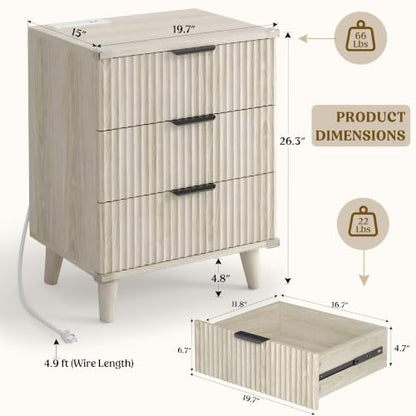 Wood Nightstands Set of 2 w/Charging Station, 3 Drawers Fluted Dresser - color: Grey White, size: 3 Drawers-Set of 2 Nightstand