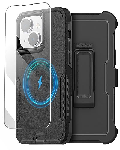 AICase for iPhone 13 Belt Clip Case with Glass Screen Protector,[Compatible MagSafe] Heavy Duty Drop Protection Full Body Rugged Shockproof Military Protective Tough Durable Cover - color: Black with Magsafe+Belt