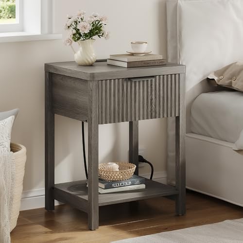 Night Stand Set 1, Fluted Wood Bedside Table w/Socket Station for Bedroom - color: Dark Grey, size: 1 Drawer-Set of 1 Nightstand