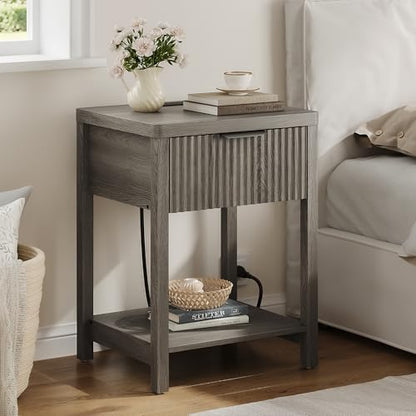 Night Stand Set 1, Fluted Wood Bedside Table w/Socket Station for Bedroom - color: Dark Grey, size: 1 Drawer-Set of 1 Nightstand