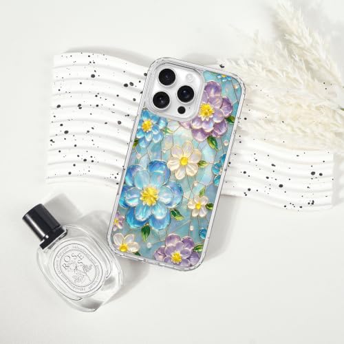 for iPhone 16 Pro Max Magnetic Case【Compatible with MagSafe】 Aesthetic Oil Painting Stained Glass Flower Design, Slim Fit Hard PC Back Shockproof Cute Clear Phone Cover, Blue Purple - color: Blue Purple, size: iPhone 16 Pro Max