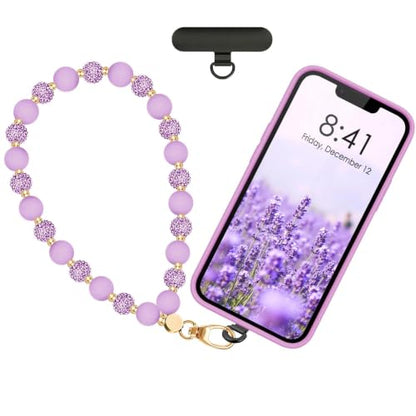 Food-Grade Silicone Phone Wrist Strap with Tether Tab/Clip, Sparkling Bead Phone Lanyard/Phone Charm - color: Lavender