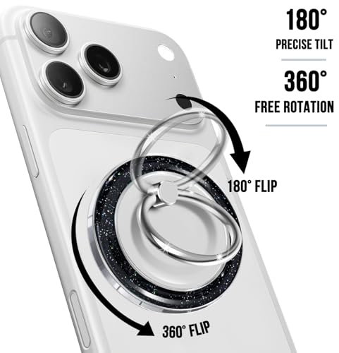 Magnetic Phone Ring Holder for MagSafe,360 Degree Rotation Magnet Cell Phone Grip Glitter Design Stand Finger Ring Kickstand for Smartphone - Black