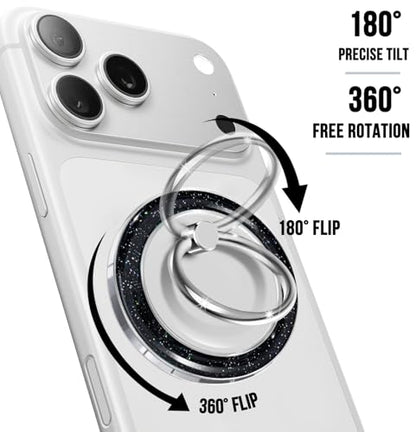 Magnetic Phone Ring Holder for MagSafe,360 Degree Rotation Magnet Cell Phone Grip Glitter Design Stand Finger Ring Kickstand for Smartphone - Black