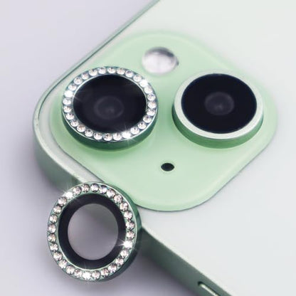 Camera Lens Protector for iPhone 15/15 Plus/14/14 Plus Bling Diamond Metal Ring Rhinestone Tempered Glass Lens Cover Accessories (Green) - color: Green