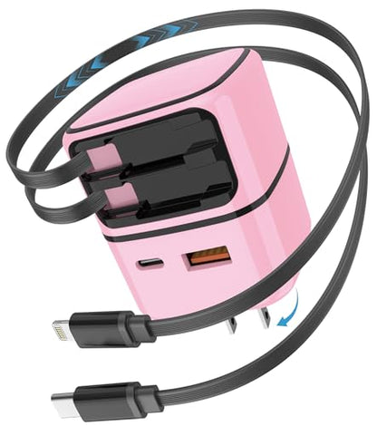 4-in-1 GaN 35W Retractable Wall Charger for iPhone, iPad, Samsung, Pink - color: Pink