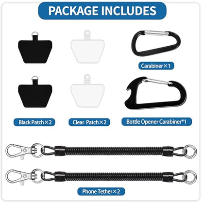 Doormoon Phone Lanyard Tether with 4 Patch, Cell Phone Lanyard with 2* Phone Tether, 4* Patch, Carabiner*1, Bottle Opener Carabiner*1 for Outdoor Hiking Climbing, Black*2 - color: Black - 2 Pack With Carabiners