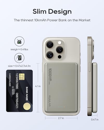 Kuulaa 10000mAh Magsafe Battery Pack 0.47IN Ultra Slim Magnetic Portable Charger Wireless Magsafe Power Bank Compatible with iPhone 16/15/14/13/12 Series