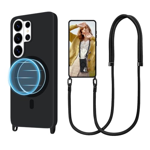 for S23 Ultra Case with Crossbody Lanyard, Compatible with MagSafe, Magnetic Case with Adjustable Neck Strap, Silicone Phone Cover for Samsung Galaxy S23 Ultra Black - size: Galaxy S23 Ultra