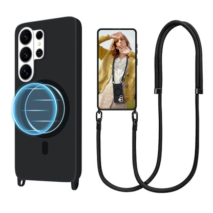 for S23 Ultra Case with Crossbody Lanyard, Compatible with MagSafe, Magnetic Case with Adjustable Neck Strap, Silicone Phone Cover for Samsung Galaxy S23 Ultra Black - size: Galaxy S23 Ultra