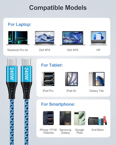 USB C to USB C Cable, 240W USB C Cable Fast Charging 6FT, PD 5A USB C Cable - color: Blue, Purple-240W Cable