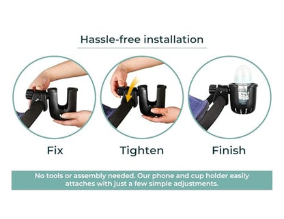 Universal, Stroller, Sturdy, Cup and Cell Phone Holder, All Black, 2-in-1, for Carriages, Walker, Wheelchairs, Rollator, Scooters & Bike Phone & Cupholder Organizer - Easy to Install
