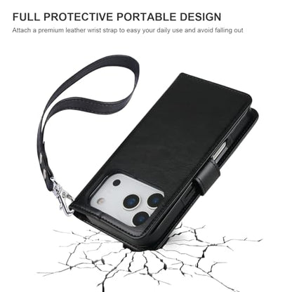 Bocasal Detachable Wallet Case Card Holder for iPhone 17 Pro, Black | RFID Blocking Kickstand Card Slots Holder PU Leather Magnetic Shockproof Wrist Strap Removable Flip Protective Cover 6.3 inch - color: Black