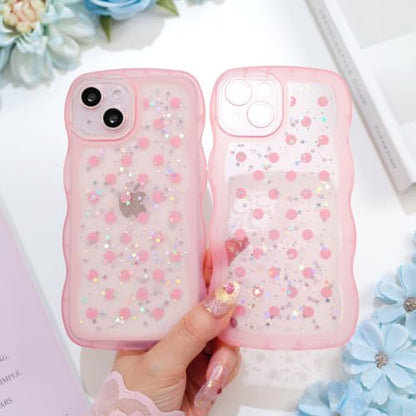 Glitter case for iPhone 13/14 Polka dots Pink | Bling Sparkle Glitter，Polka dots，Full Protection Soft TPU，Kawaii Cute Phone Case for Women Girls - color: Polka Dots Pink