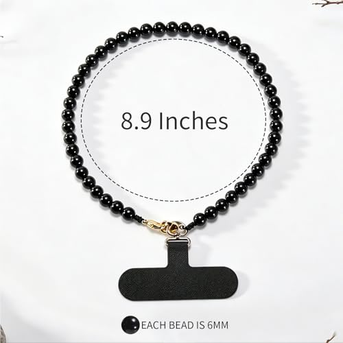 Agate Beaded Phone Wrist Strap for Women Men Stone Beads Charm Handmade Cellphone Chain Lanyard with Tether Tab - color: Black-1, size: 6mm Beads