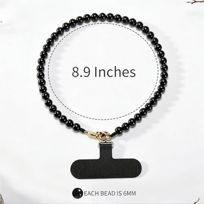 Agate Beaded Phone Wrist Strap for Women Men Stone Beads Charm Handmade Cellphone Chain Lanyard with Tether Tab - color: Black-1, size: 6mm Beads