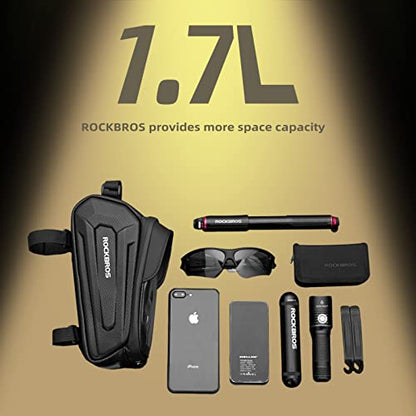 ROCKBROS Bike Phone Bag, [Oversized] EVA Waterproof Bike Top Tube Bag | Phone Holder Bicycle 1.7L Capacity Pouch Fits Phones With Case Under 7.2",E-Bike Accessories Straps Fit All Frames - color: Black - Hook and Loop - 1.7L