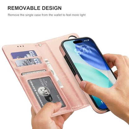 Bocasal Detachable Wallet Case Card Holder for iPhone 17, Rose Gold | RFID Blocking Kickstand Card Slots Holder PU Leather Magnetic Shockproof Wrist Strap Removable Flip Protective Cover 6.3 inch - color: Rose Gold