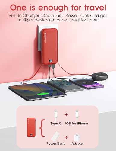 citicr Portable Charger 10000mAh PD20W w/Built-in Cables & Wall Plug Red - color: Red