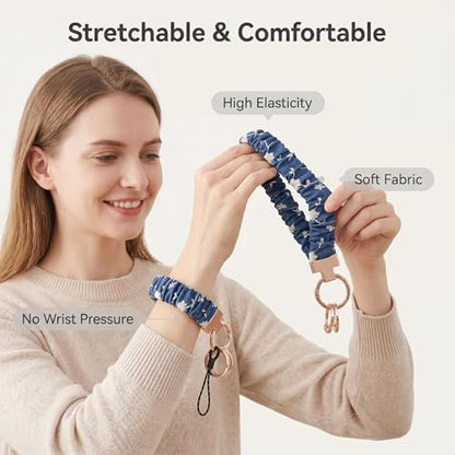 Blue Floral Scrunchie Wristlet Keychain– Tarnish-Resistant Key Ring - color: Denim Daisy Wrist Keychain