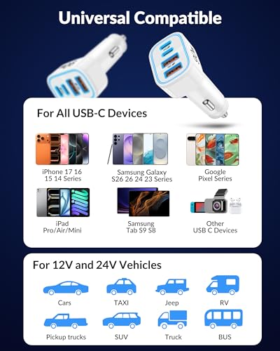 90W 4-Port USB C Super Fast Car Charger for iPhone Duo/18 Pro Max/18/17/16 - color: White
